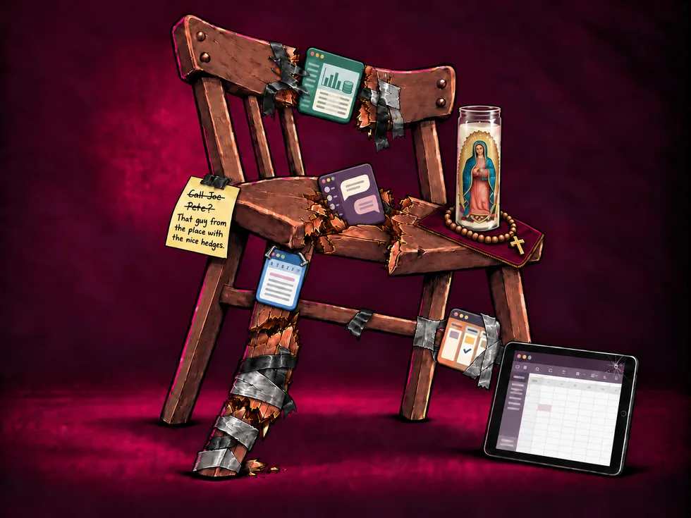 A wooden chair with a broken leg, patched with duct tape and software app icons.