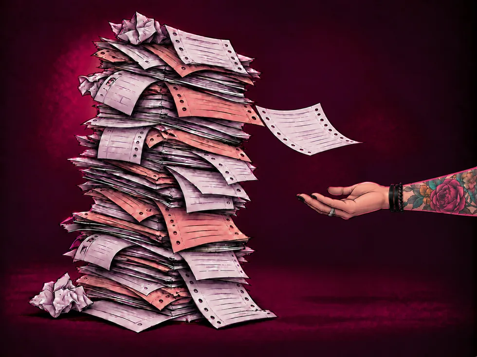 A tall stack of paperwork with a hand reaching in to pull one sheet out.